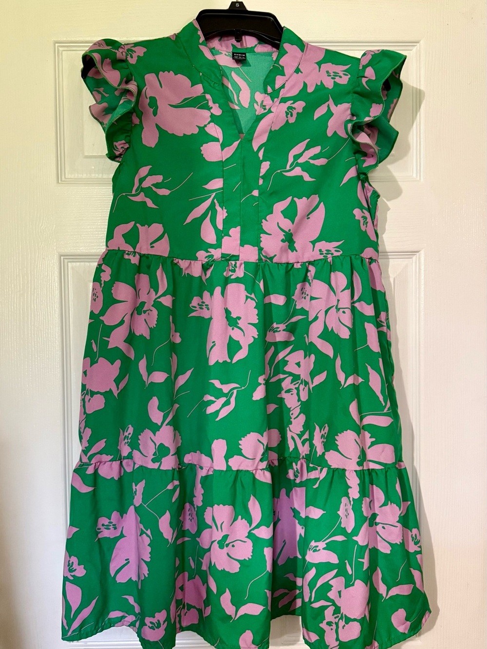 Women’s Green and Pink Floral Ruffle Sleeve Midi Dress